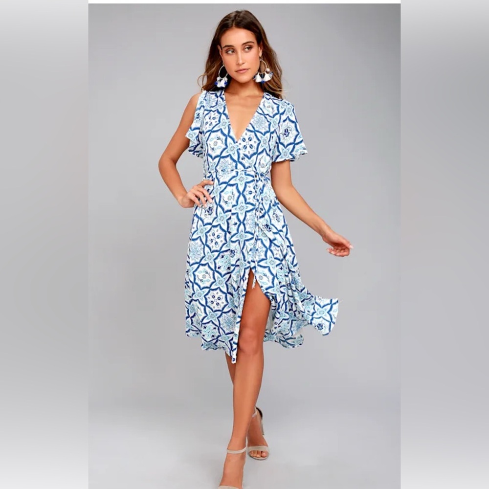 Painted Tile Blue Print Wrap Midi Dress Sz XS NWT